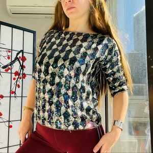 Anthropologie Anishkumar Sequin Crop Short Sleeve Chess Board Pattern Bugles Top